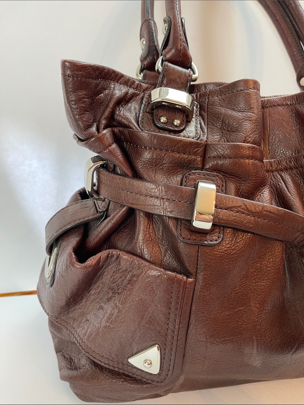 B. MAKOWSKY RICH BROWN LEATHER SHOULDER BAG WITH LEOPARD LINING - Picture 6 of 12